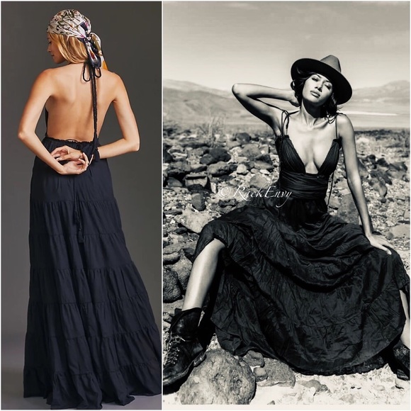 NWT ANTHROPOLOGIE ERIKA PEÑA LOLA RUMBA HALTER MAXI DRESS IN BLACK - Picture 2 of 8